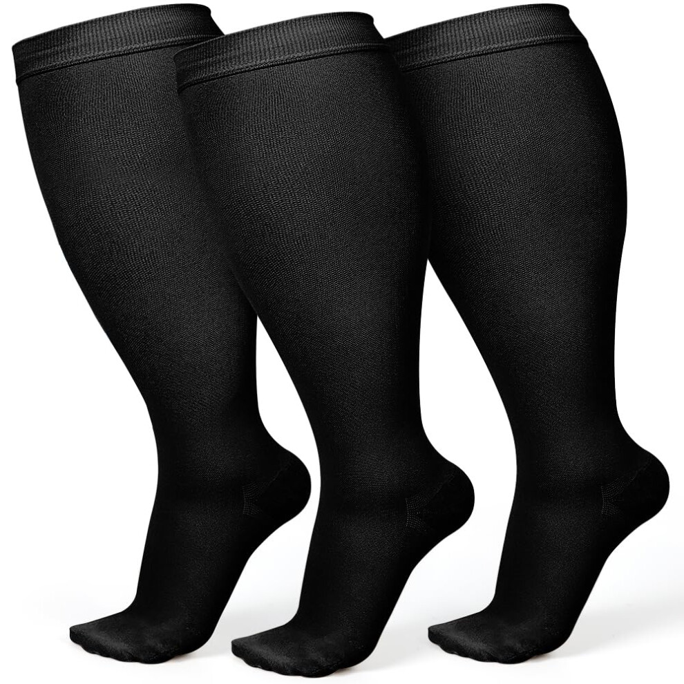 Black 3 Pairs Plus Size Wide Calf Compression Socks 2030 Mmhg Knee Stockings For Circulation And Varicose Veins, 2XL
