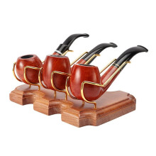 Wood and Metal Pipe Stand for 3 Pipes, Cherry Wood Smoking Pipe Holder with Detachable Frame and Smooth Finish