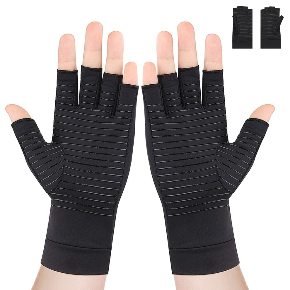 Black Copper Infused Fingerless Compression Gloves For Arthritis Relief, Carpal Tunnel Support, Xl