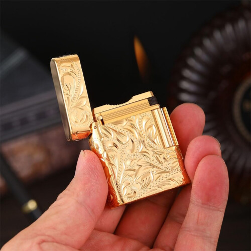 Classic Brass Windproof Butane Lighter for Men, HandCarved Design, File Wheel Ignition, Adjustable Flame, Model B 1