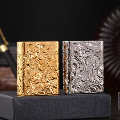 Classic Brass Windproof Butane Lighter for Men, HandCarved Design, File Wheel Ignition, Adjustable Flame, Model B 2