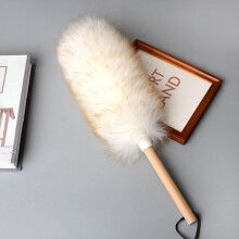 Lambsfaux wool Duster 29cm White, Antistatic Soft Wool Dusting Brush with Ergonomic Wooden Handle for Furniture Cleaning