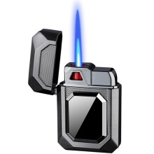 Windproof Refillable Butane Torch Lighter with Adjustable Flame Viewing Window Retro Flip‑ Metal Design Black