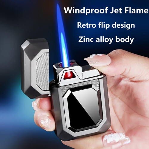 Windproof Refillable Butane Torch Lighter with Adjustable Flame Viewing Window Retro Flip‑ Metal Design Black 1