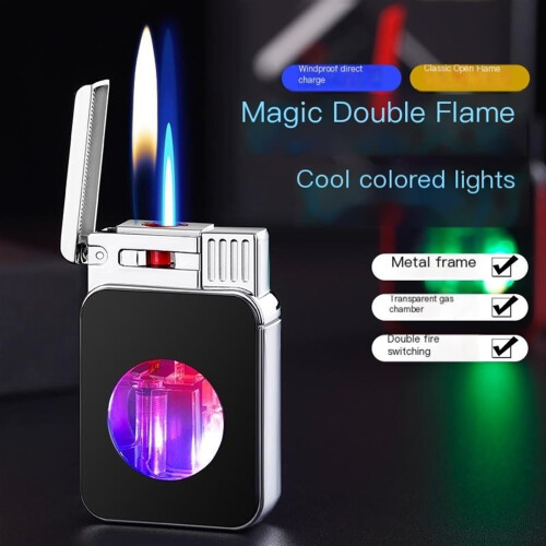 Dual Flame Butane Lighter Windproof Blue Flame Refillable Metal Torch with LED Light and Adjustable Flame Size 2