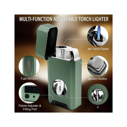 Refillable Butane Torch Lighter with Windproof Blue Flame, Visible Gas Window, Adjustable Flame, Green 1