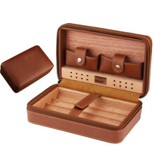 Leather Travel Cigar Humidor for 4 Cigars, Cedar Wood Portable Cigar Case with Cutter and Lighter