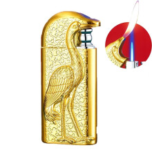 Windproof Torch Lighter Dual Flame Butane Refillable Adjustable with 3D Embossed Crane Design for Camping BBQ