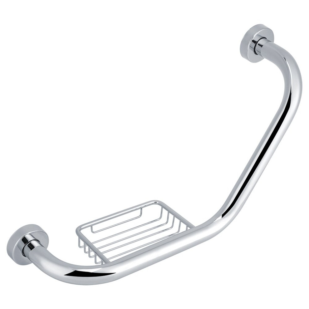 Silver Stainless Steel Shower Grab Bar With Soap Holder, 135 Curved Antislip Bathroom Safety Rail For Elderly