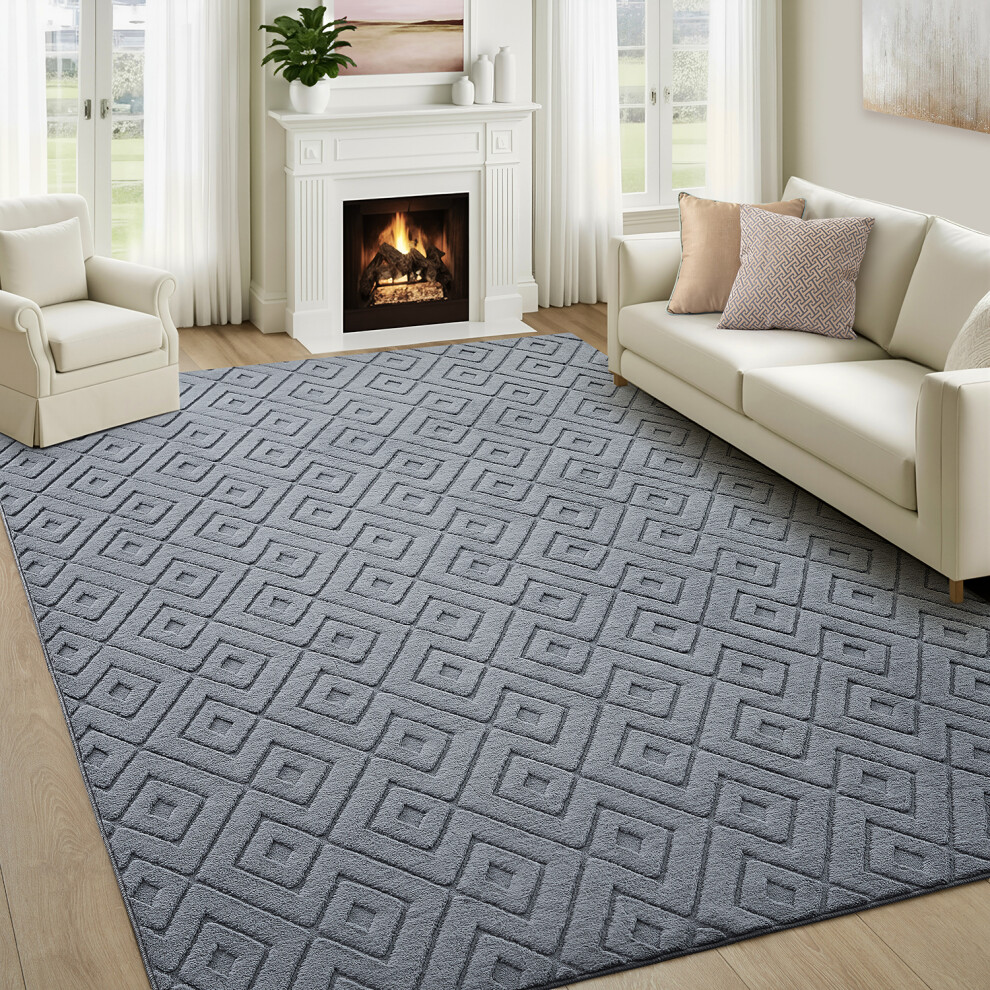 Imperial Rooms (200X290cm- Extra Large Area Rug, Rhombus ) High Low Pile Shaggy Geometric Rug - Modern Non Slip Area Rugs Grey