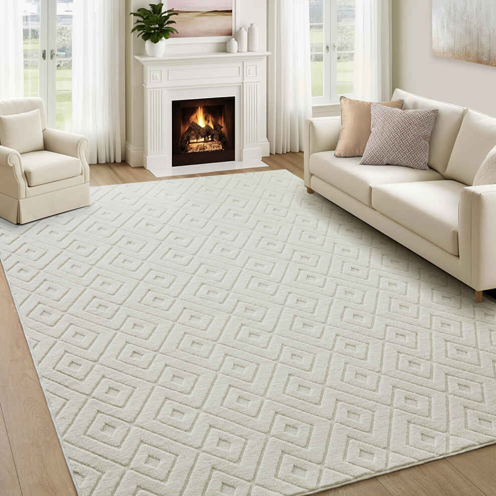 Imperial Rooms (200X290cm- Extra Large Area Rug, Rhombus ) High Low Pile Shaggy Geometric Rug - Modern Non Slip Area Rugs Cream