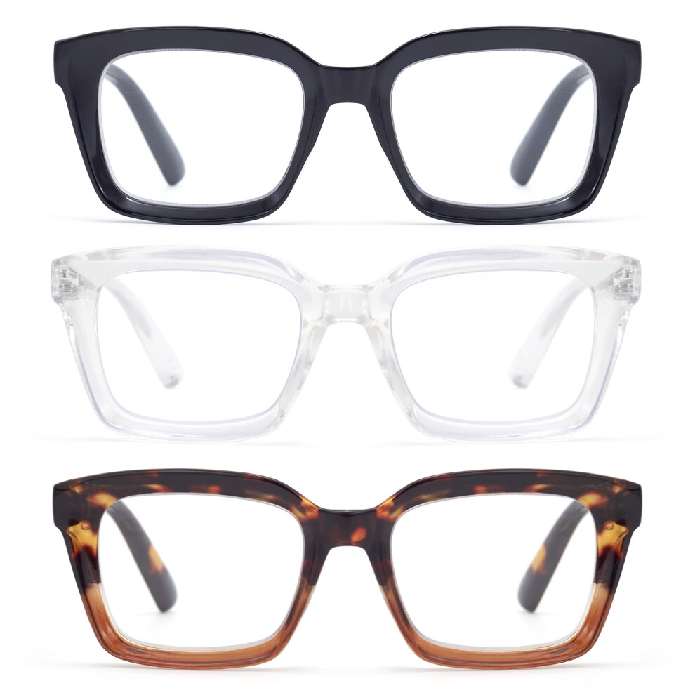 Blue/Light 3Pack Oversized Reading Glasses For Women 2.5X, Stylish Square Frame Spring Hinge Readers