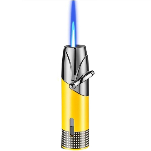 Windproof Refillable Butane Lighter with Adjustable Flame and Visible Fuel Window for Camping BBQ Yellow