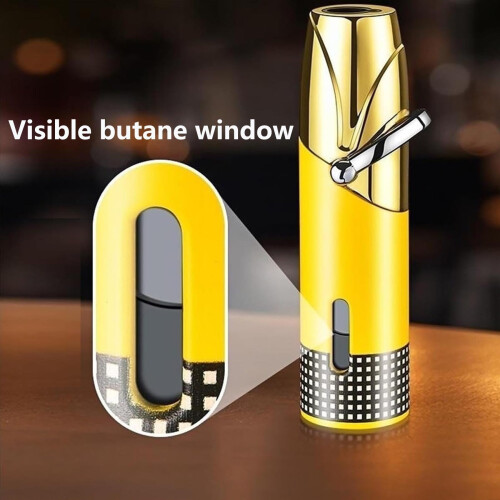 Windproof Refillable Butane Lighter with Adjustable Flame and Visible Fuel Window for Camping BBQ Yellow 2