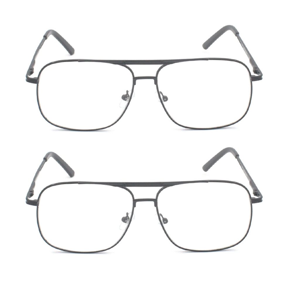 2 Pack Men's Metal Frame Square Aviator Reading Glasses +2.00 Gunmetal Clear Vision with Case