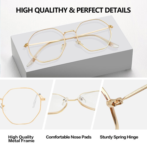 Blue Light Blocking Reading Glasses Retro Polygon Metal Frame, Unisex Computer Readers for Clear Vision 2