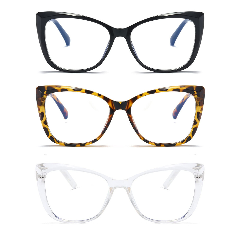 Blue/Light Blocking Cat Eye Reading Glasses For Women 3 Pack Oversized Clear +1.5 Magnification