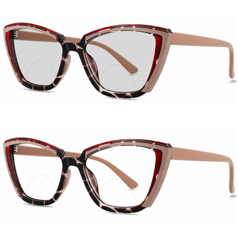 Vintage Photochromic Bifocal Reading Glasses for Women, 2.25x Clear Magnification Leopard TR90 Frame