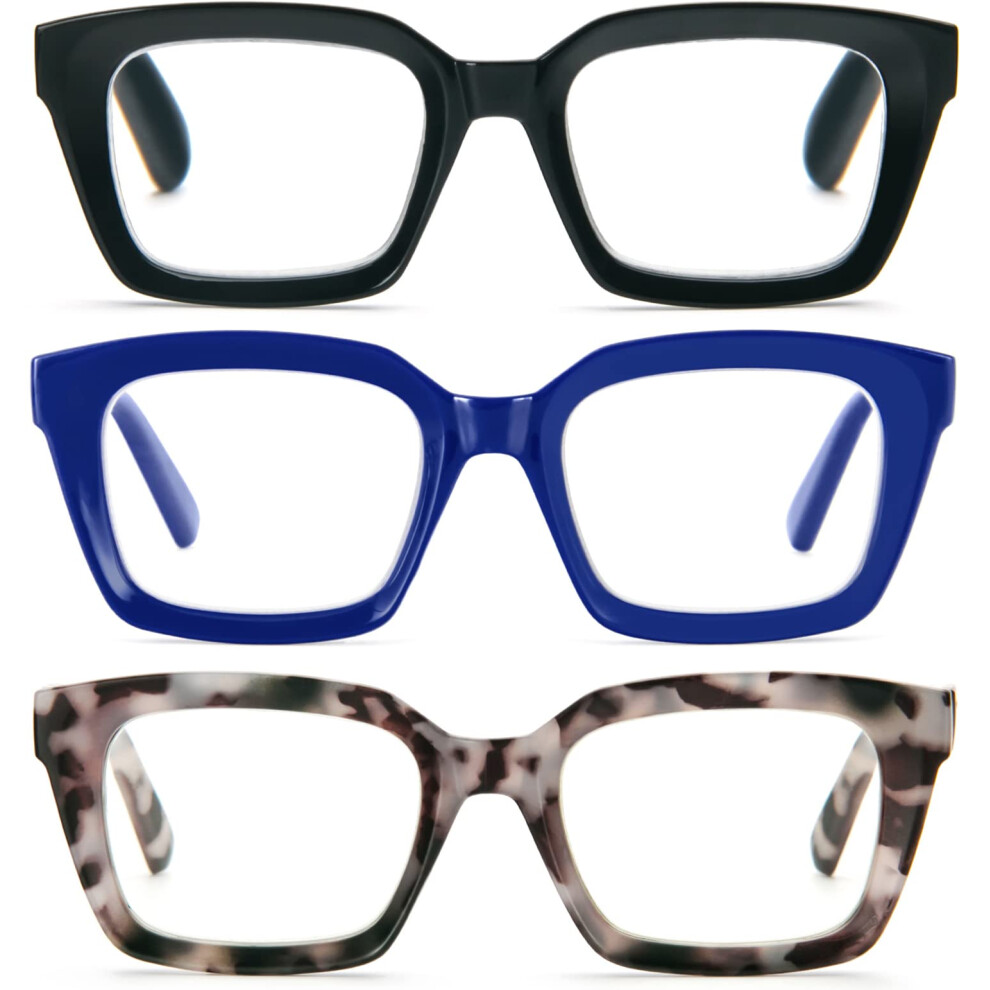 Blue/Light 3 Pack Oversized Blocking Reading Glasses 2.75X Retro Square Leopard Style For Women And Men