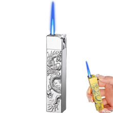 Torch Butane Lighter Windproof Blue Flame, Refillable Metal Lighter with Embossed Dragon Design and Visible Fuel Window