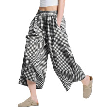 Women's Gingham Print Swing Capris Pants Elastic Waist-Black M