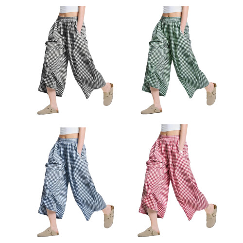 Oversized Checkered Capris Pants Loose Fit Lightweight-Green L 2