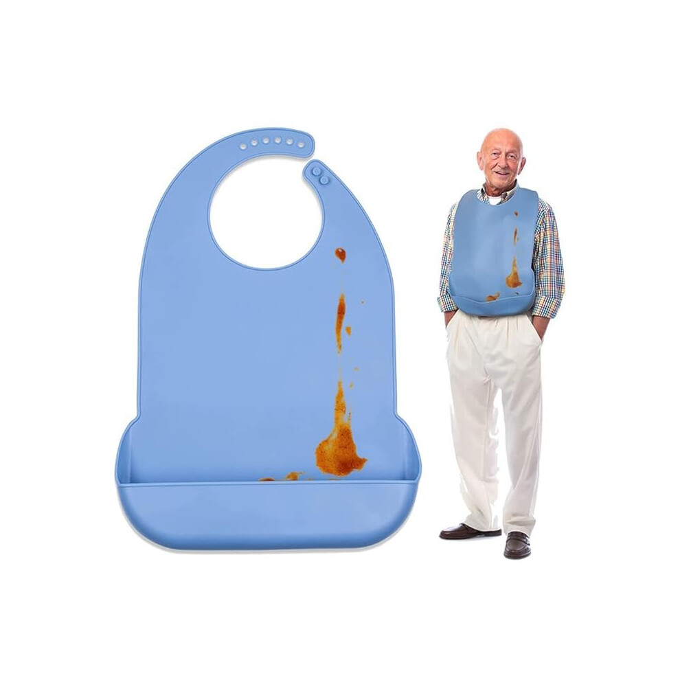 Waterproof Silicone Adult Bib with Leakproof Pocket, Adjustable Fit, Washable Dining Bib for Seniors