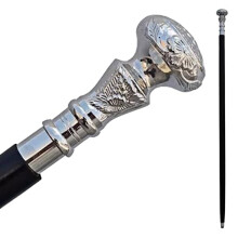 Wooden Walking Cane with Elegant Silver Brass Handle, Vintage Walking Stick Gift for Men