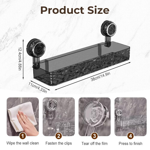 Suction Cup Shower Caddy NoDrill Wall Mounted Shelf with Glacier Pattern, Movable Organizer, 22lbs Load (Clear Gray) 1