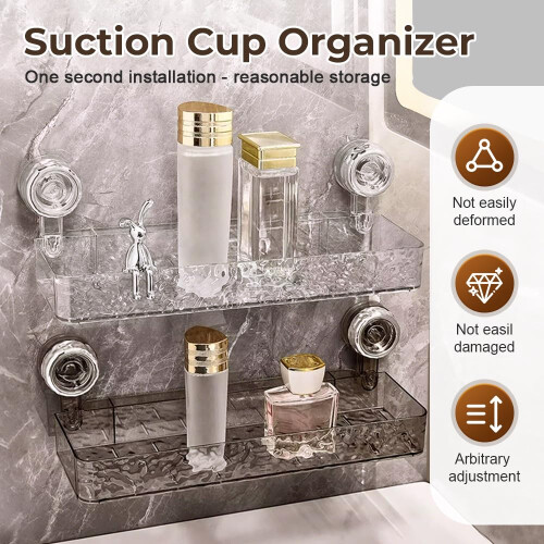 Suction Cup Shower Caddy NoDrill Wall Mounted Shelf with Glacier Pattern, Movable Organizer, 22lbs Load (Clear Gray) 2