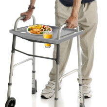 Walker Tray Table with Dual Cup Holders, Raised Edge Design, Universal Fit for Folding Walkers, Gray