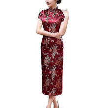 (4XL, Purplish Red) Women Dress Chinese National Style Floral Embroidery Stand Collar Short Sleeves High Side Split Chinese Knot Buttons