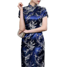 (L, Blue) Women Dress Chinese National Style Floral Embroidery Stand Collar Short Sleeves High Side Split Chinese Knot Buttons
