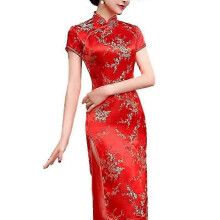 (4XL, Red) Women Dress Chinese National Style Floral Embroidery Stand Collar Short Sleeves High Side Split Chinese Knot Buttons