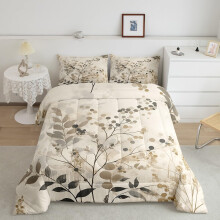 Boho Flower Comforter Set Twin Size Brown Bedding with Vivid Digital Printing, Soft Breathable Fabric