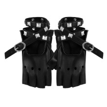 1Pair Women Black PU Punk Dance Half Finger Gloves with Studded Chain