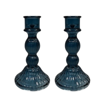 Set of 2 Ribbed Glass Dinner Candle Holders - Blue