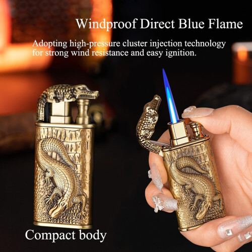 Dual Jet Flame Butane Torch Lighter, Windproof Refillable Crocodile Design Pocket Lighter White 1