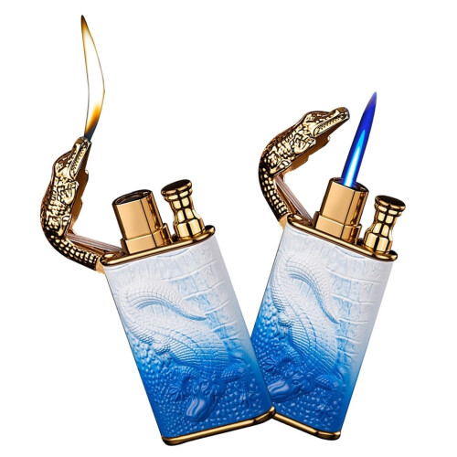 Dual Jet Flame Butane Torch Lighter, Windproof Refillable Crocodile Design Pocket Lighter White