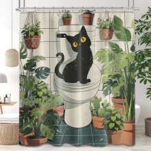 Black Cat Shower Curtain, Waterproof Cloth Fabric with Hooks, Funny Botanical Bathroom Decor 60x72 Inch