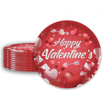 24 Pack Valentine's Day Paper Plates 9 Inch Red Heart Print Disposable Tableware for Romantic Parties