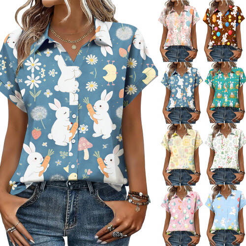 Women's Button-Down Shirts, Short Sleeve, V-Neck,-Sky Blue M 1