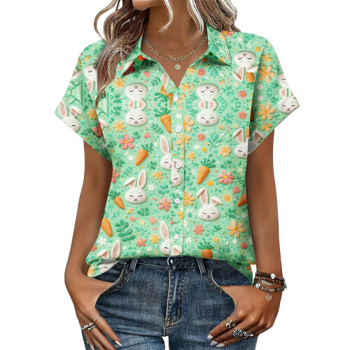 Women's Button-Down Shirts, Short Sleeve, V-Neck,-Green XL