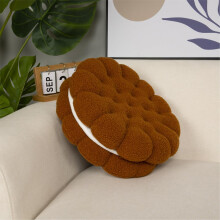 Round Cookie Throw Pillow with Soft Lambsfaux wool Surface, Thick Comfort Cushion for Sofa Bed Brown 17.7 inch