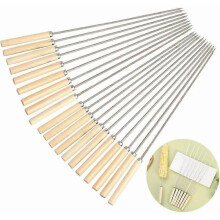 20 Pcs Stainless Steel BBQ Skewers with Wooden Handle Reusable Barbecue Grilling Sticks for Meat Vegetables Roasting Needle Skewers for Outdoor Picni