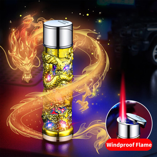 Jet Flame Butane Lighter Windproof Refillable Torch with Embossed Dragon Design Adjustable Flame 1
