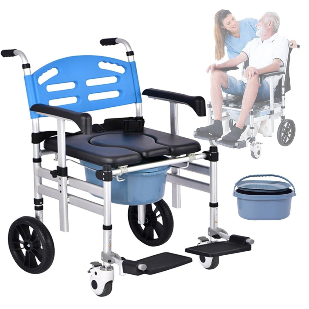 3 in 1 Folding Commode Wheelchair with Adjustable Height, Padded Seat and Lockable Wheels for Elderly and Disabled