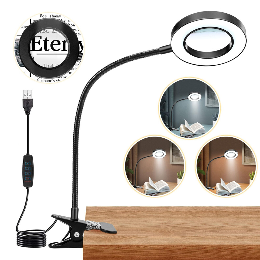 10X Magnifying Glass with Light, LED Desk Lamp with Clamp, 3Mode Dimmable for Crafts and Reading