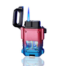 Windproof Butane Torch Lighter with Visible Fuel Window Refillable Adjustable Blue Flame Metal Body Pink Blue