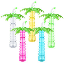 15 Pcs 17oz Palm Tree Yard Cups with Straws, Tropical Party Drinkware Set for Cold Drinks, 5 Colors